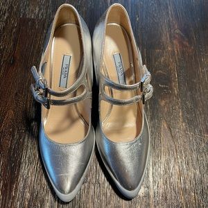 Prada Metallic Silver Block Heels
